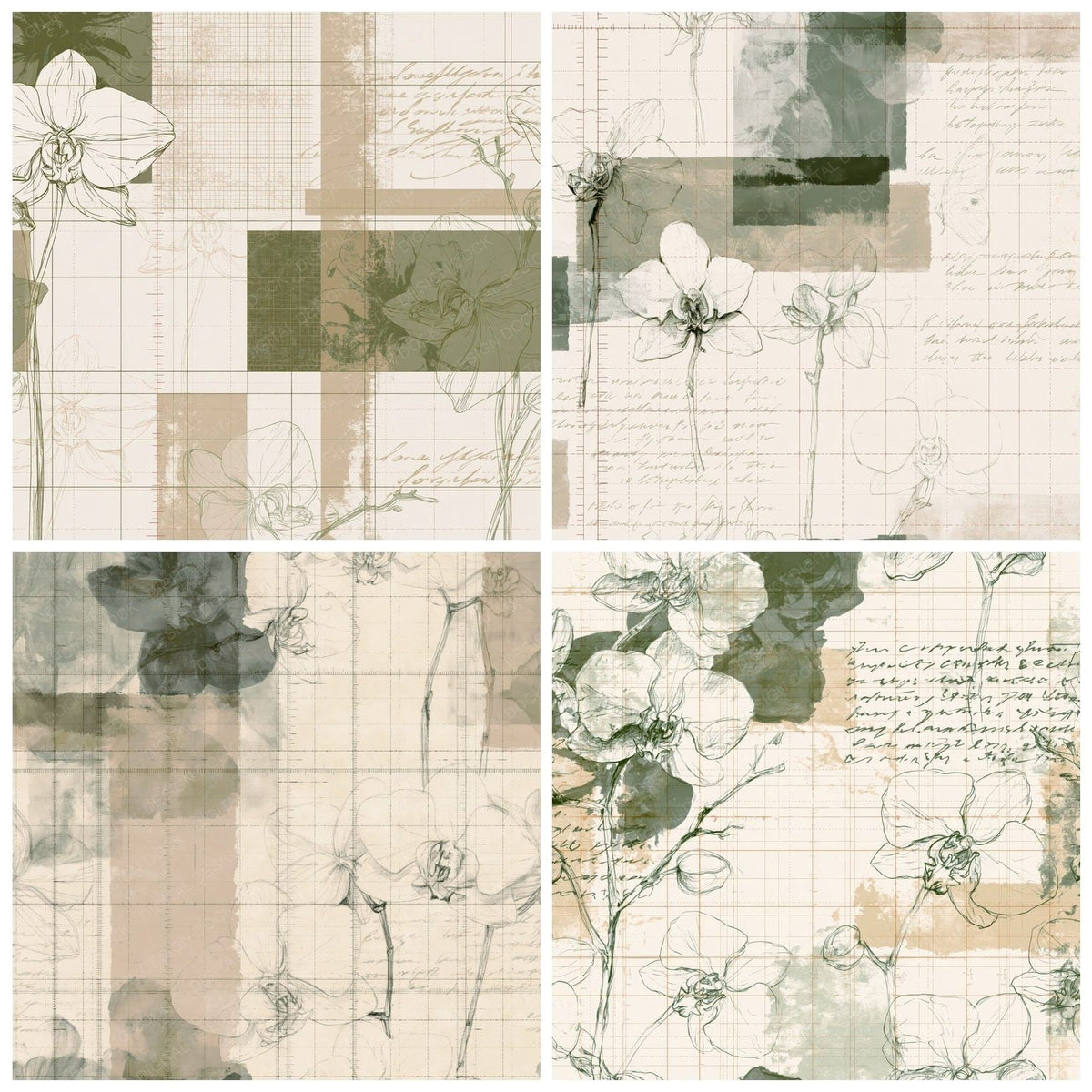 Four more Pattern Studio Butterfly Orchid Cream Orchid Green Meadow Tan digital papers from the pack shown in a grid