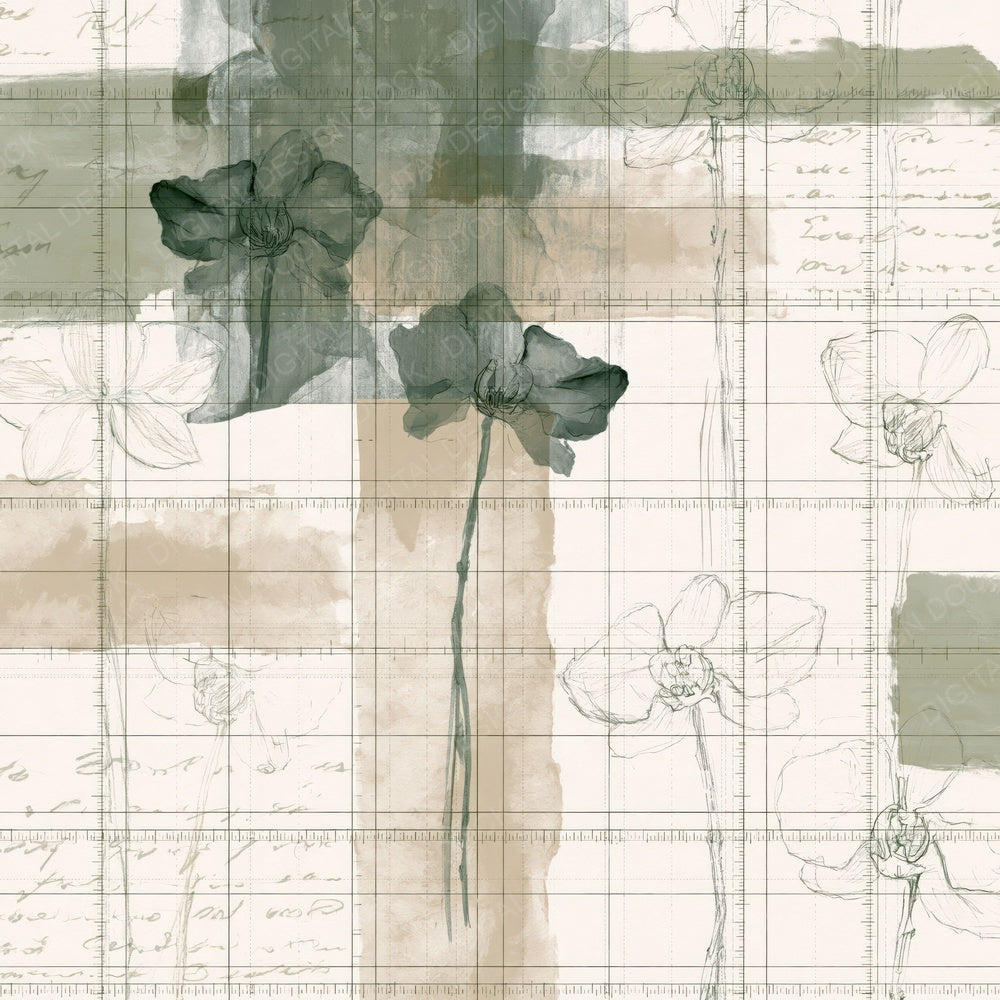 Single Pattern Studio Butterfly Orchid Cream Orchid Green Meadow Tan digital paper shown full size