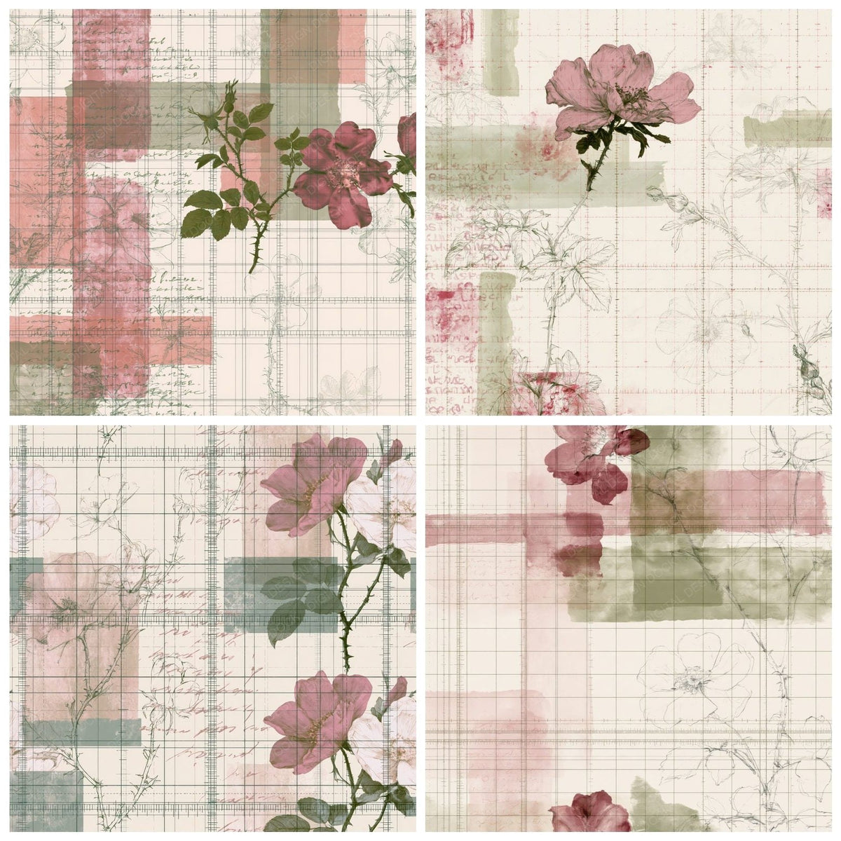 Four more Pattern Studio Dog Rose Bone Dog Rose Pink Hedgerow Green digital papers from the pack shown in a grid