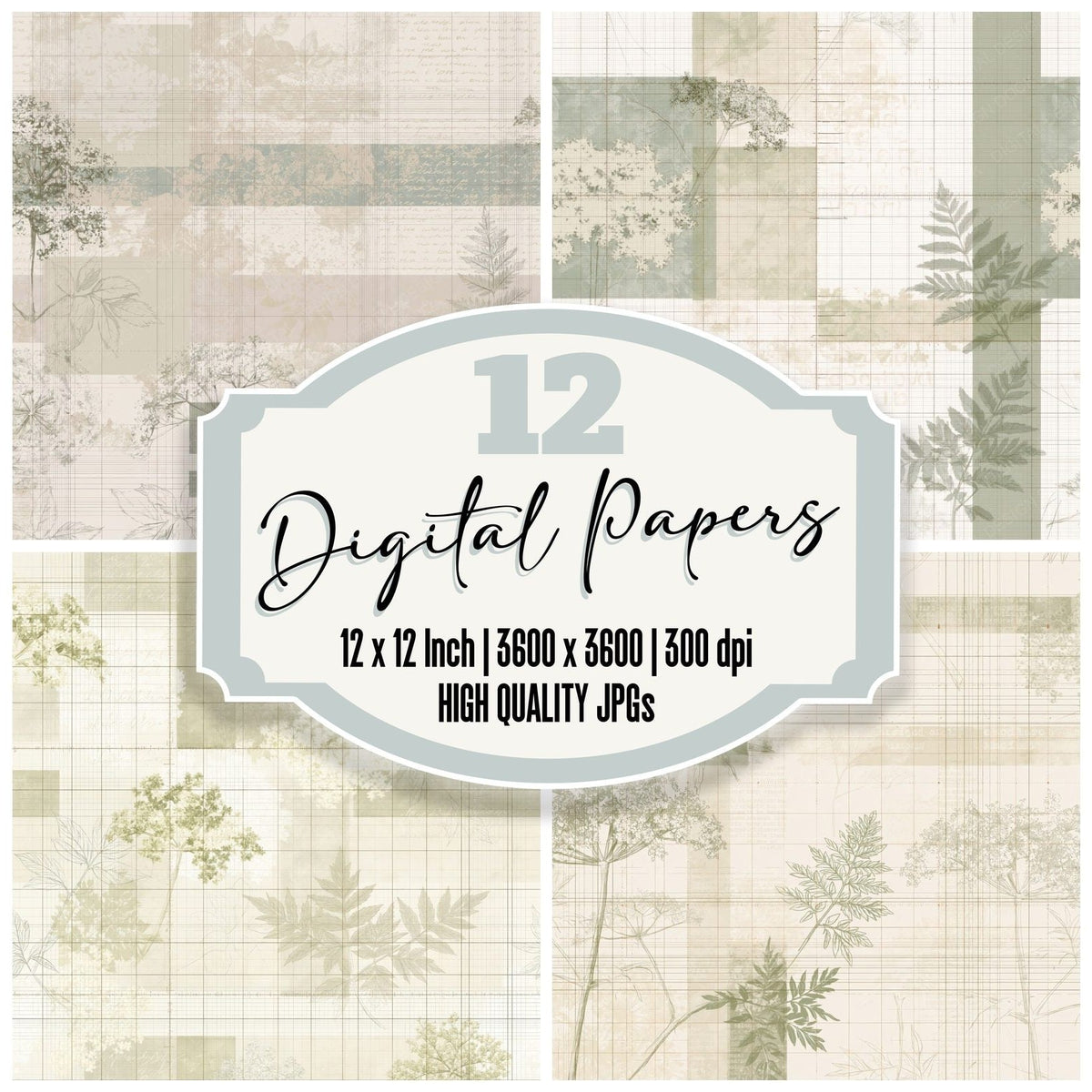 Pattern Studio Elder Blossom Ivory Blossom Cream Foliage Green digital paper pack cover showing four of the 12 papers