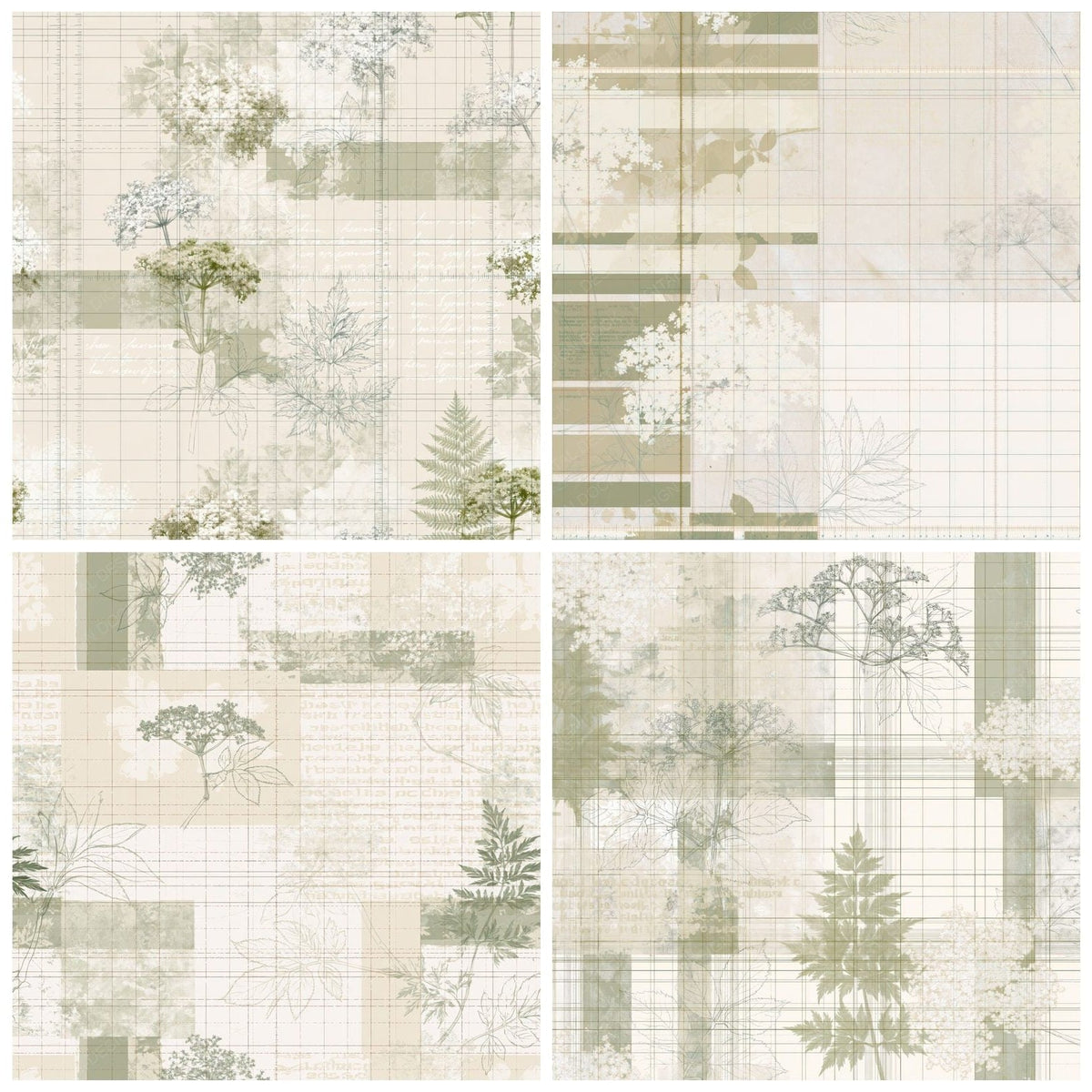 Four Pattern Studio Elder Blossom Ivory Blossom Cream Foliage Green digital papers from the pack shown in a grid