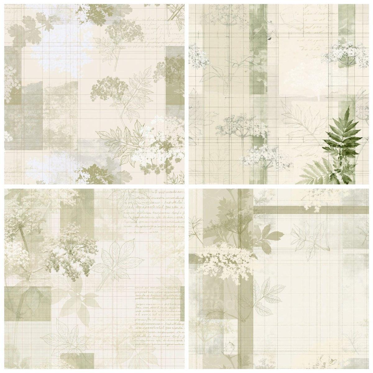Four more Pattern Studio Elder Blossom Ivory Blossom Cream Foliage Green digital papers from the pack shown in a grid