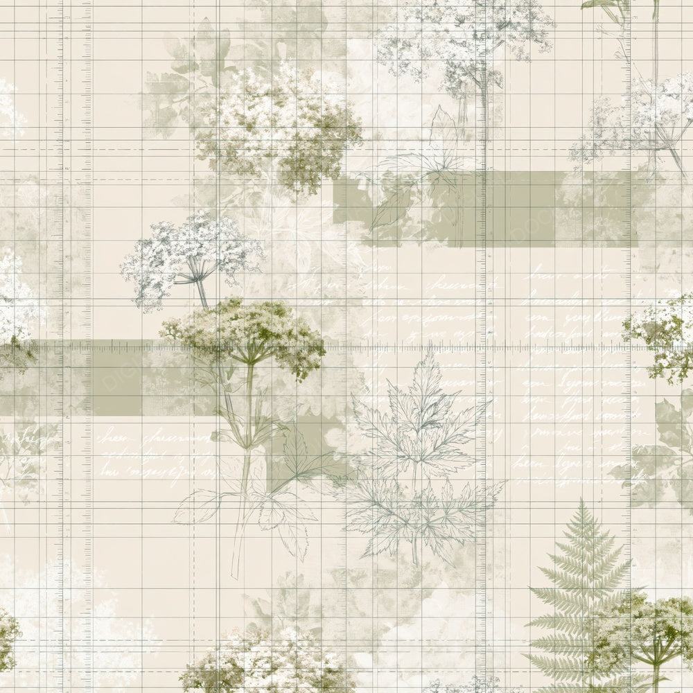 Single Pattern Studio Elder Blossom Ivory Blossom Cream Foliage Green digital paper shown full size