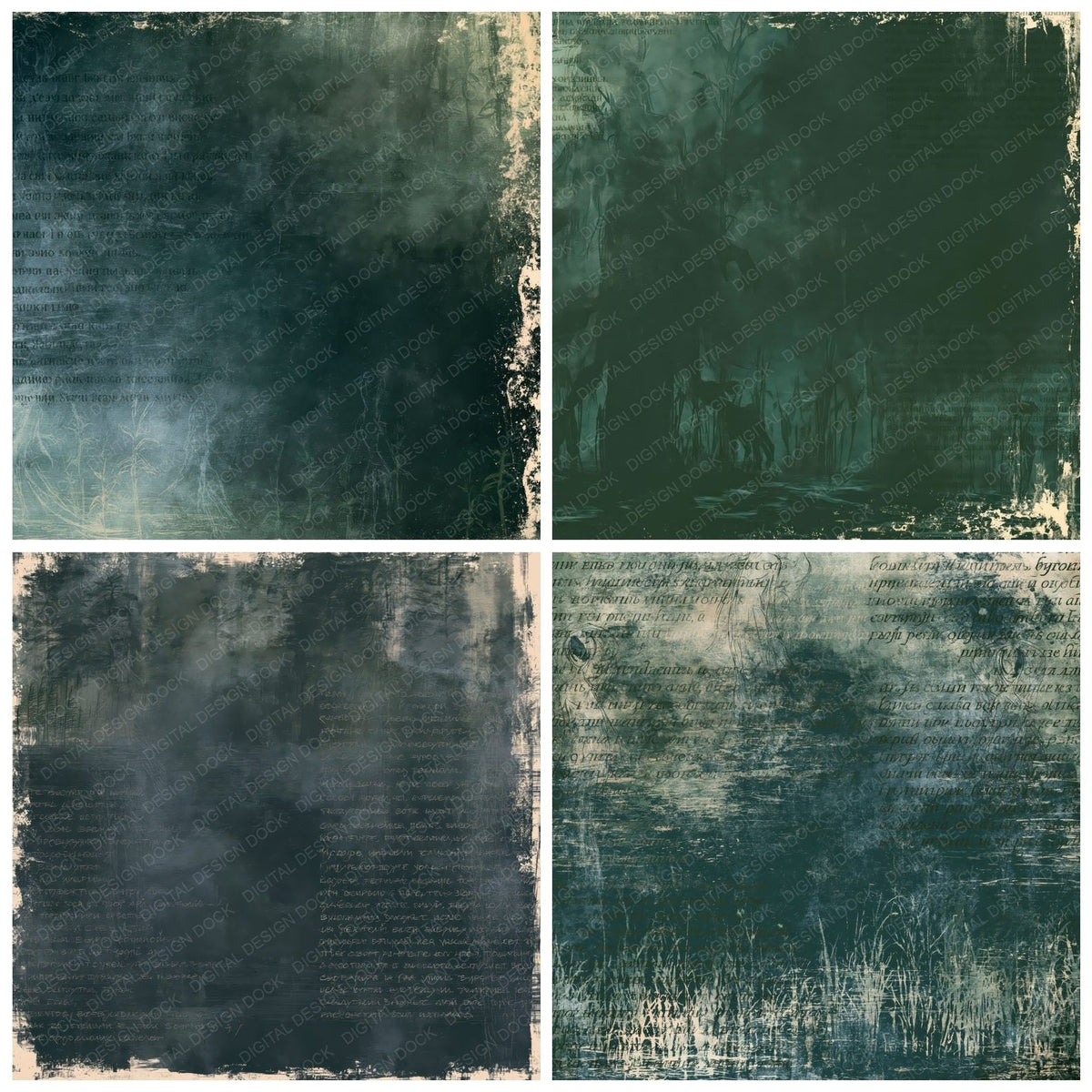 Four Rusalka Cryptid River Midnight Willow Green Bone digital papers from the pack shown in a grid