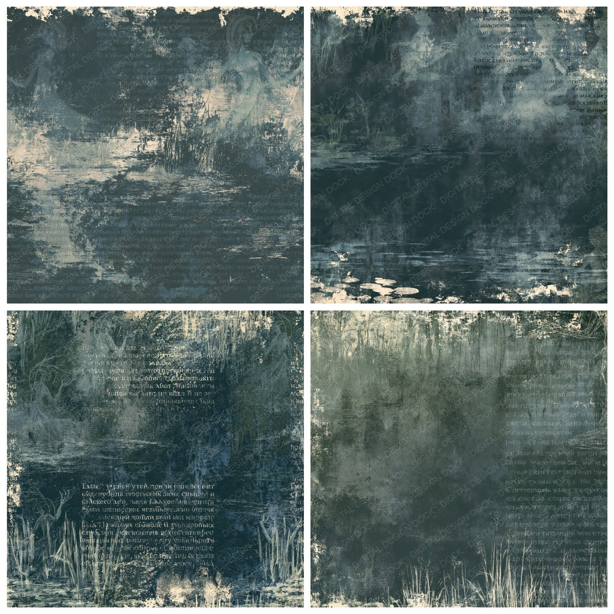 Four more Rusalka Cryptid River Midnight Willow Green Bone digital papers from the pack shown in a grid