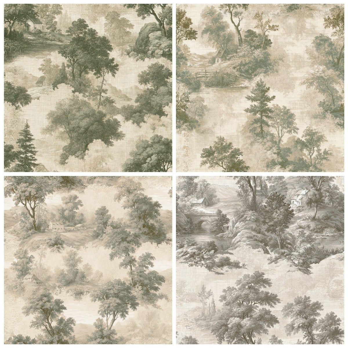 Four Soft Toile Pastoral Wallpaper Cream Dusty Sage Walnut Seamless digital papers from the pack shown in a grid