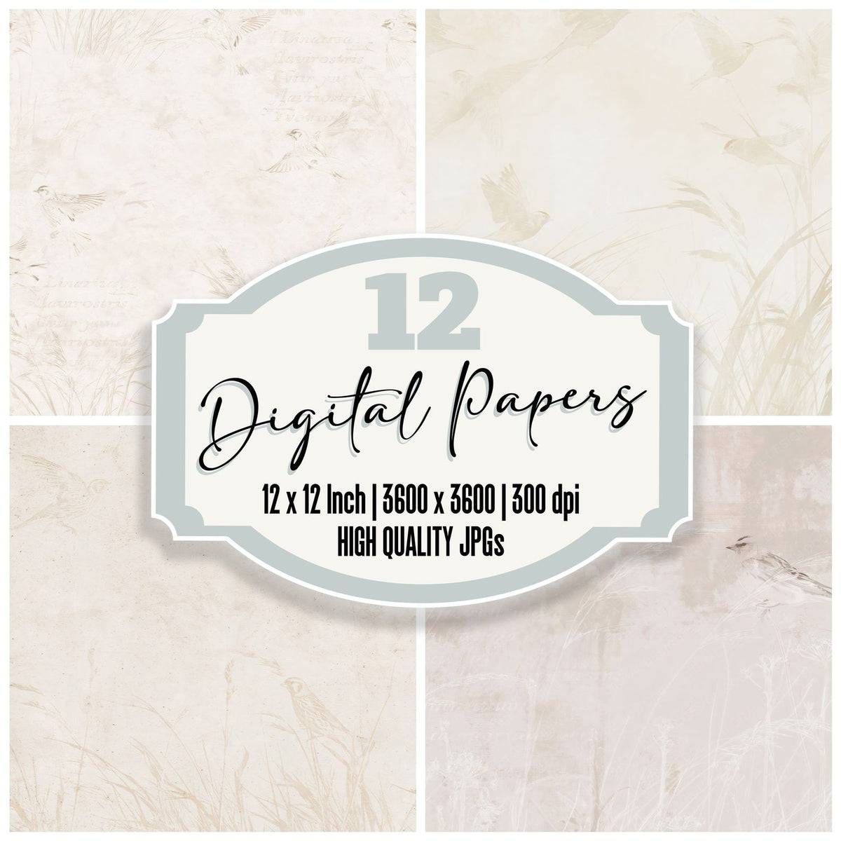 Twite Bird Coastal Cream Pink Rump Bone digital paper pack cover showing four of the 12 papers