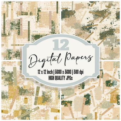 Vintage Tin Whistle Session Cream Brass Gold Forest Green digital paper pack cover showing four of the 12 papers