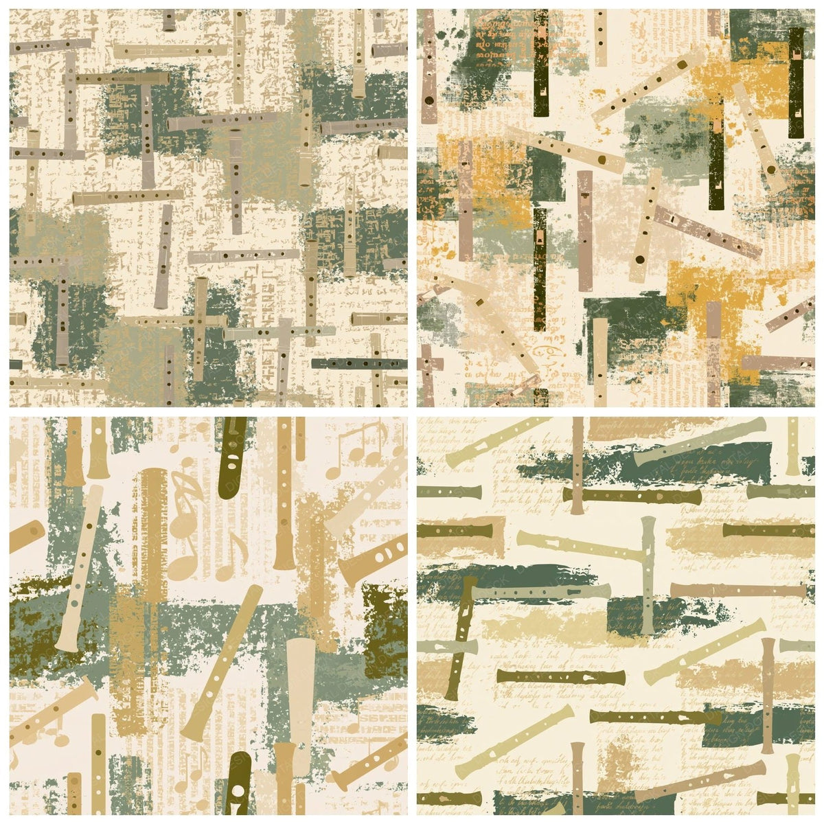 Four Vintage Tin Whistle Session Cream Brass Gold Forest Green digital papers from the pack shown in a grid