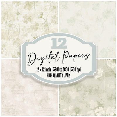 Wood Sorrel Flower Woodland Cream Bloom Sorrel Green Bone digital paper pack cover showing four of the 12 papers