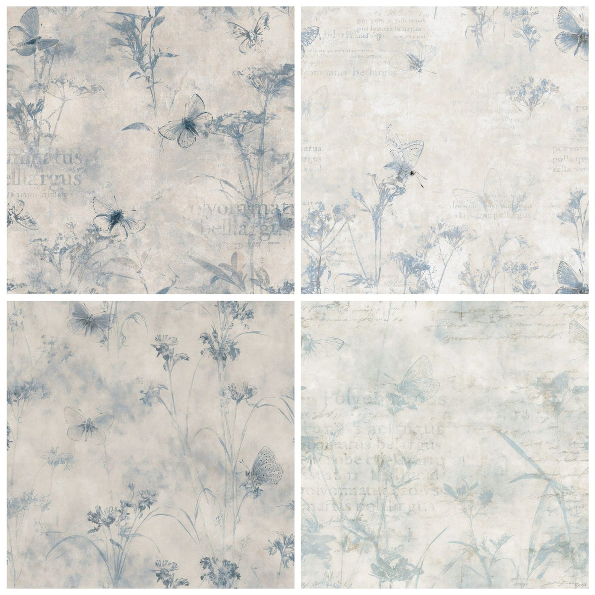Four more Adonis Blue Butterfly Insect Chalk Cream Electric Blue Bone digital papers from the pack shown in a grid