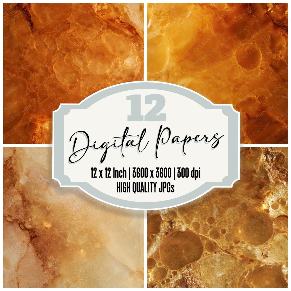 Aged Baltic Amber Amber Aged Honey Butterscotch digital paper pack cover showing four of the 12 papers