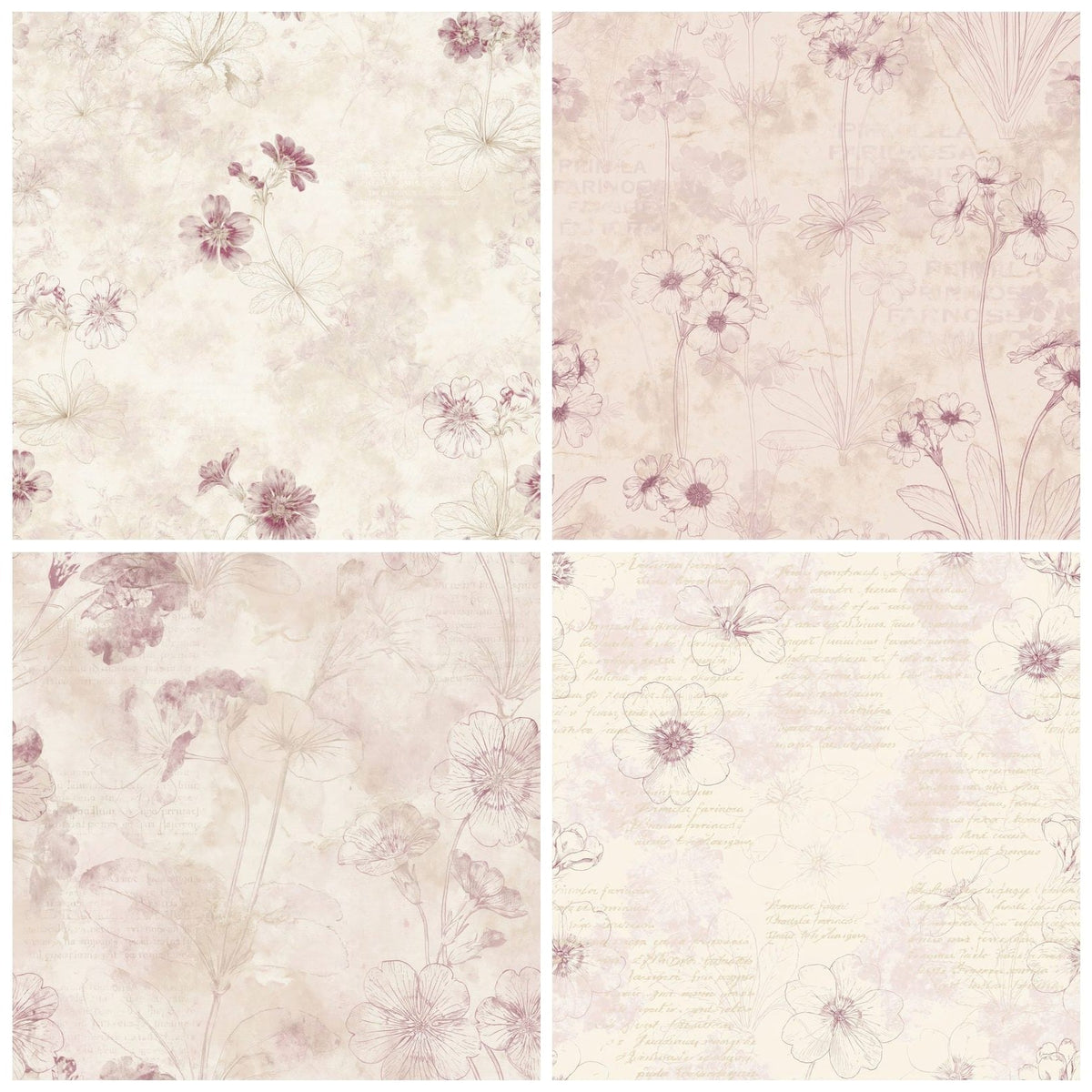Four more Birds Eye Primrose Flower Upland Cream Dusty Magenta Bone digital papers from the pack shown in a grid
