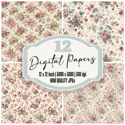 Chintz Ditsy Floral Parlour Cream Dusty Rose Sage Seamless digital paper pack cover showing four of the 12 papers