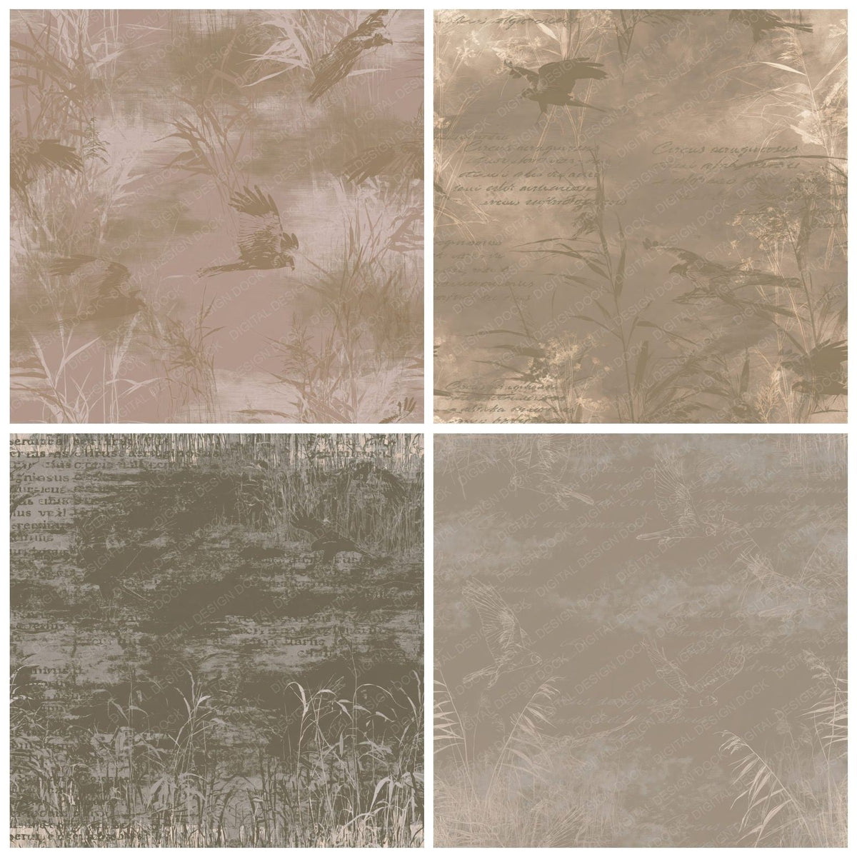 Four Marsh Harrier Bird Reedbed Brown Chestnut Wing Bone digital papers from the pack shown in a grid
