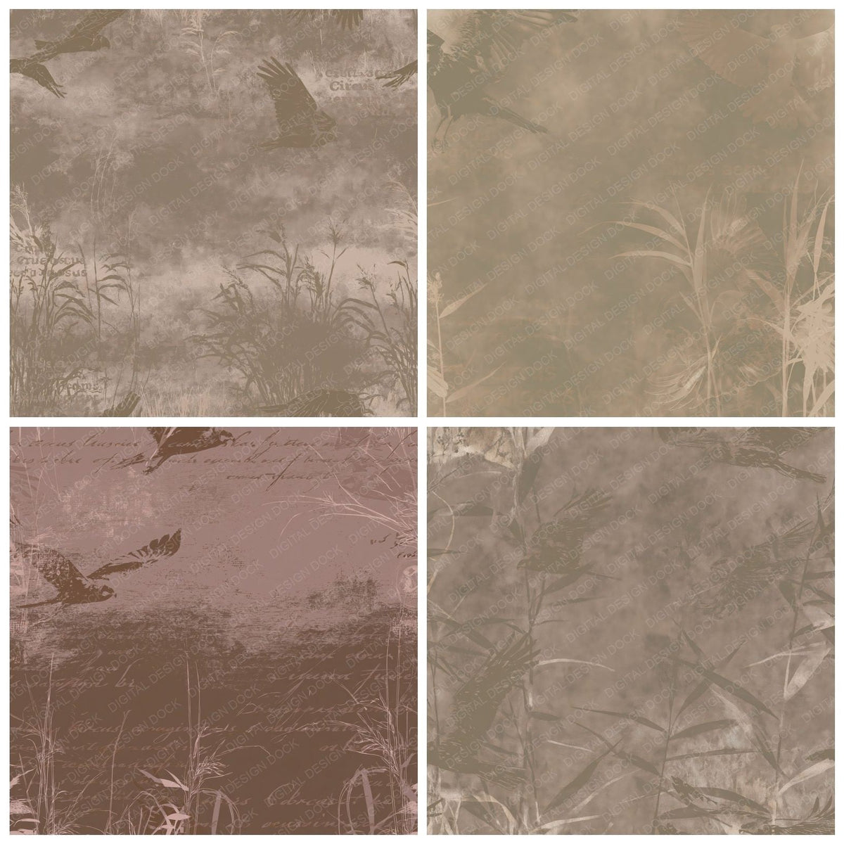 Four more Marsh Harrier Bird Reedbed Brown Chestnut Wing Bone digital papers from the pack shown in a grid