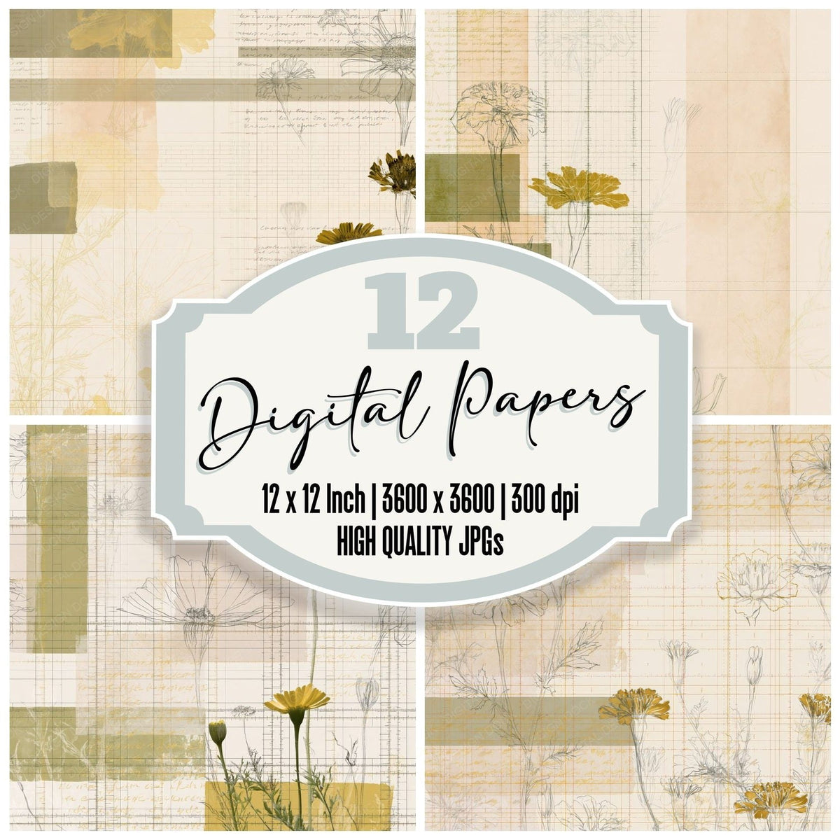 Pattern Studio Corn Marigold Bone Marigold Gold Cornfield Green digital paper pack cover showing four of the 12 papers