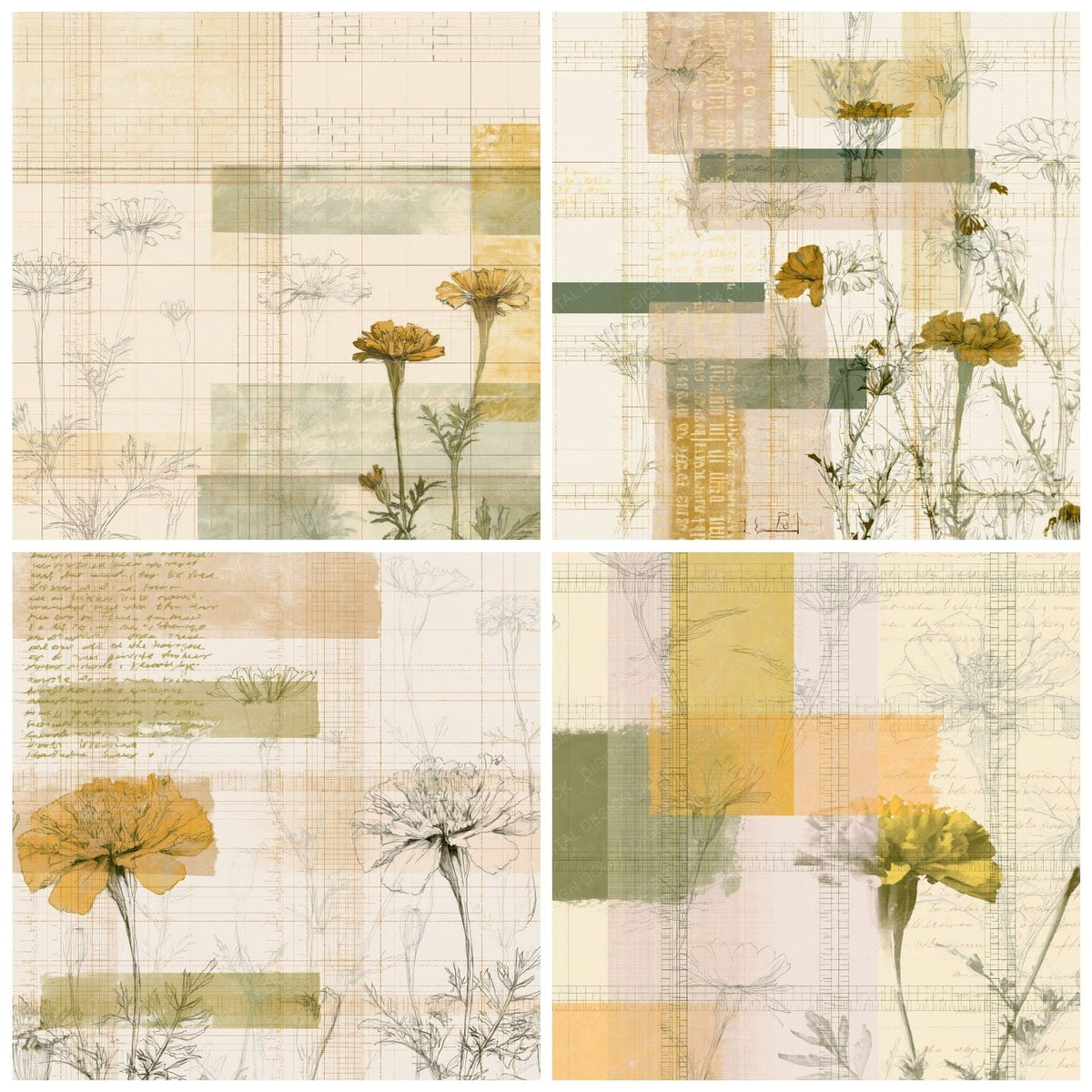 Four Pattern Studio Corn Marigold Bone Marigold Gold Cornfield Green digital papers from the pack shown in a grid