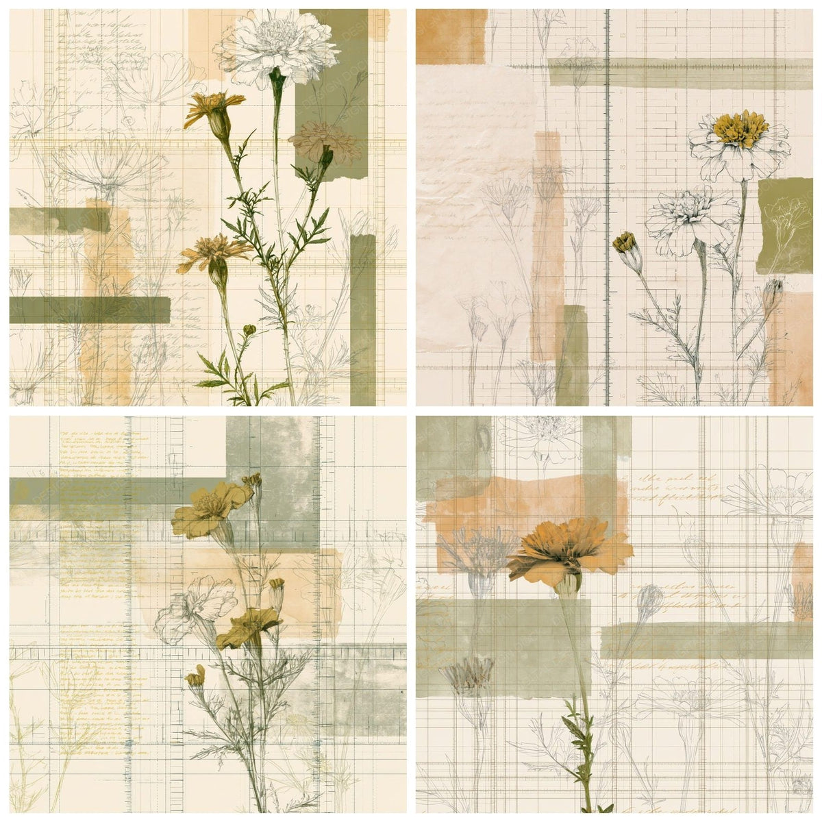Four more Pattern Studio Corn Marigold Bone Marigold Gold Cornfield Green digital papers from the pack shown in a grid