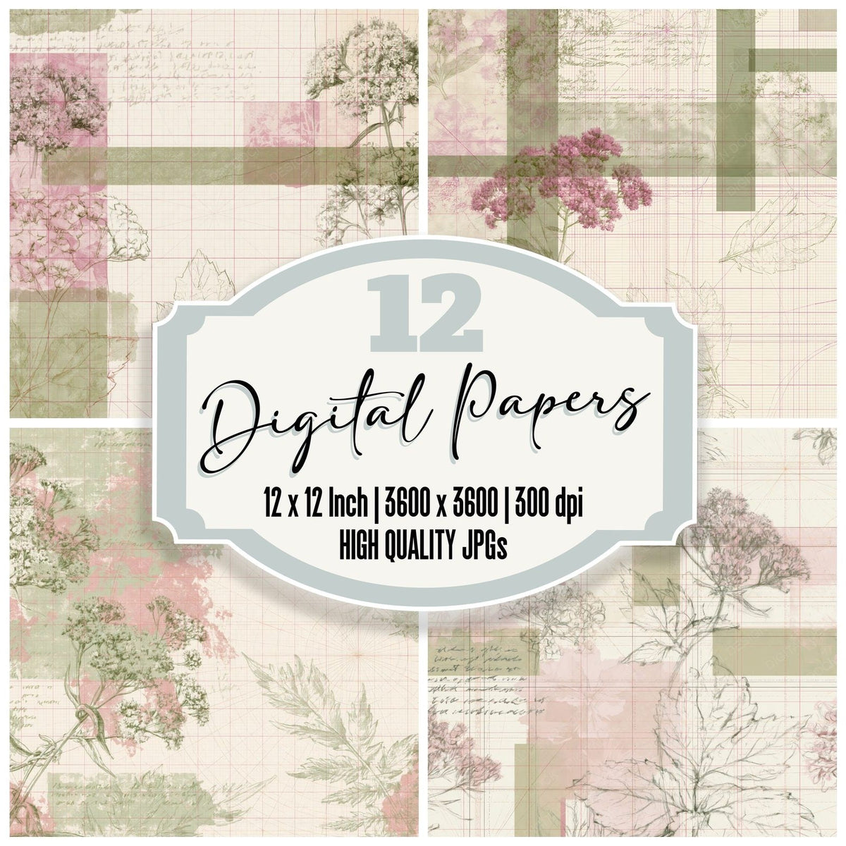 Pattern Studio Hemp Agrimony Ivory Dusty Pink Riverbank Green digital paper pack cover showing four of the 12 papers
