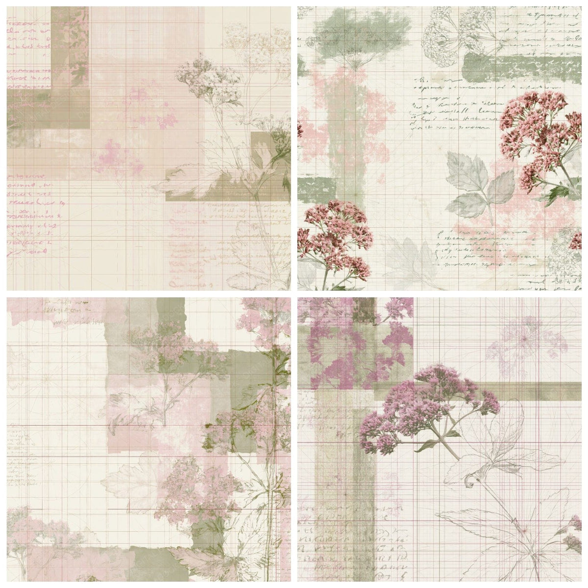 Four Pattern Studio Hemp Agrimony Ivory Dusty Pink Riverbank Green digital papers from the pack shown in a grid