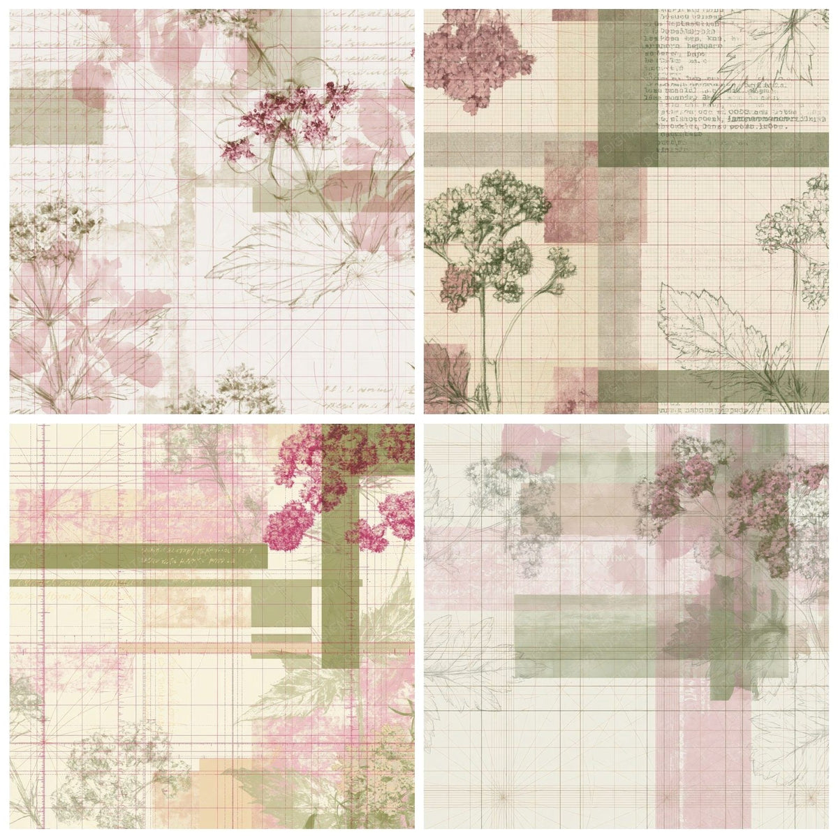 Four more Pattern Studio Hemp Agrimony Ivory Dusty Pink Riverbank Green digital papers from the pack shown in a grid