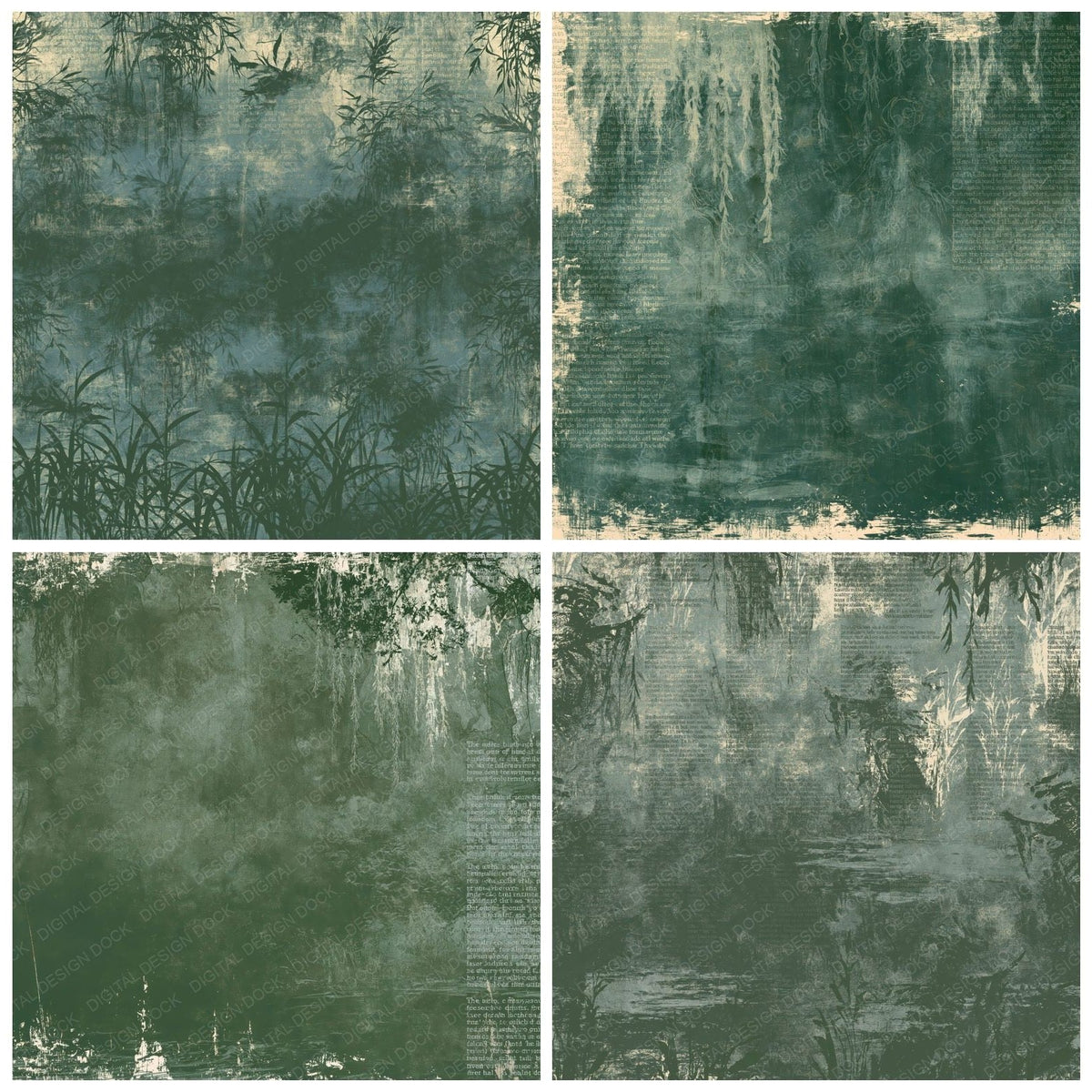 Four more Peg Powler Cryptid River Green Weed Bone digital papers from the pack shown in a grid
