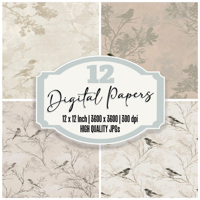 Pied Flycatcher Bird Oak Wood Cream Pied Black Bone White digital paper pack cover showing four of the 12 papers