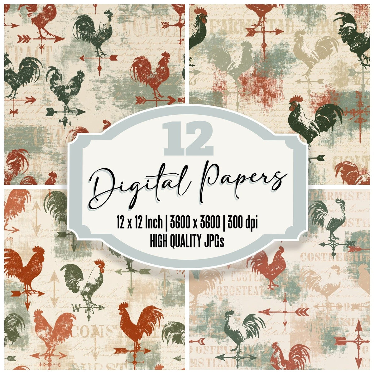 Vintage Weather Vane Rooster Barn Cream Dusty Rust Forest Green digital paper pack cover showing four of the 12 papers