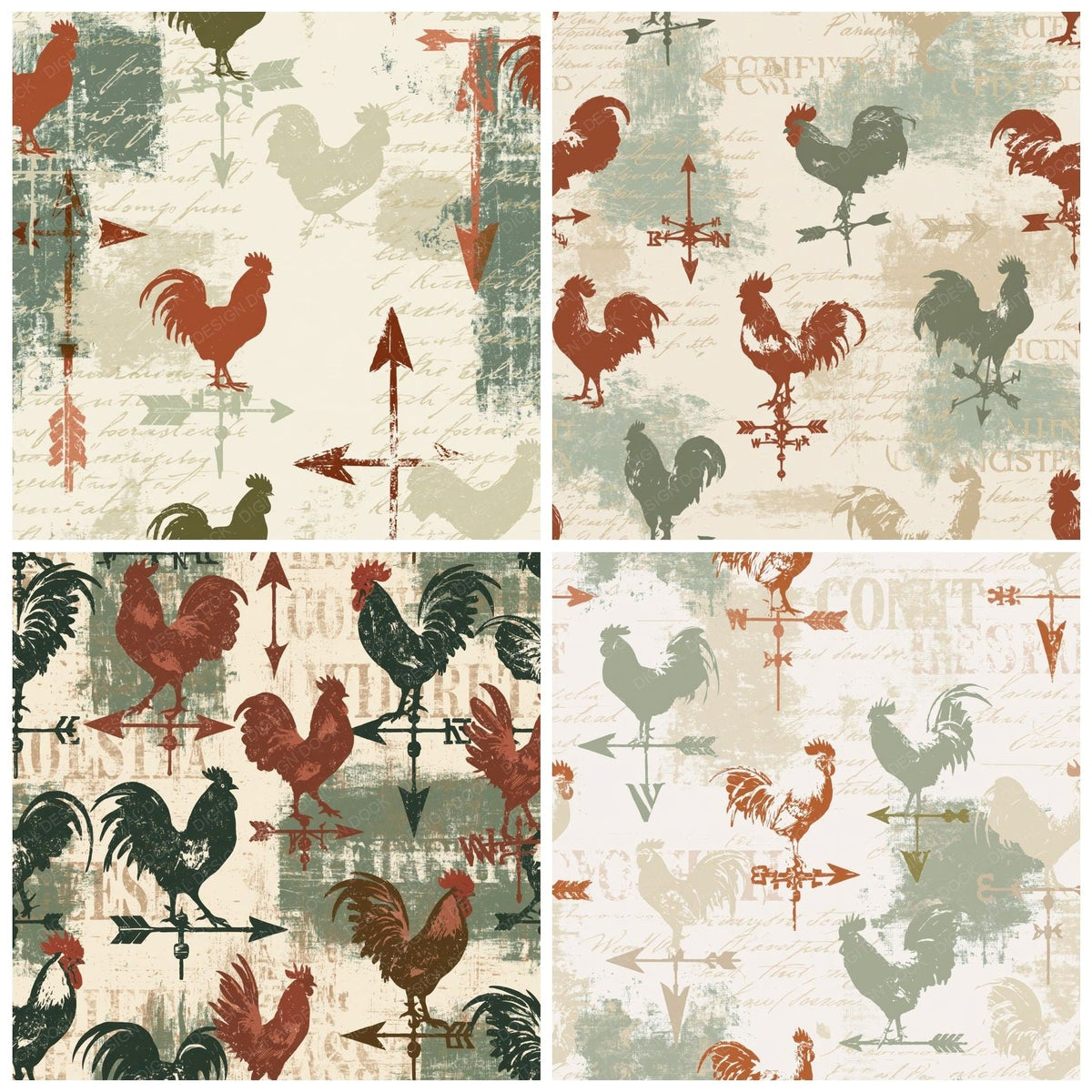 Four more Vintage Weather Vane Rooster Barn Cream Dusty Rust Forest Green digital papers from the pack shown in a grid