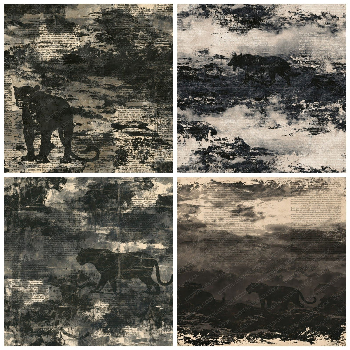 Four Beast Of Bodmin Cryptid Bodmin Moor Panther Black Bone digital papers from the pack shown in a grid