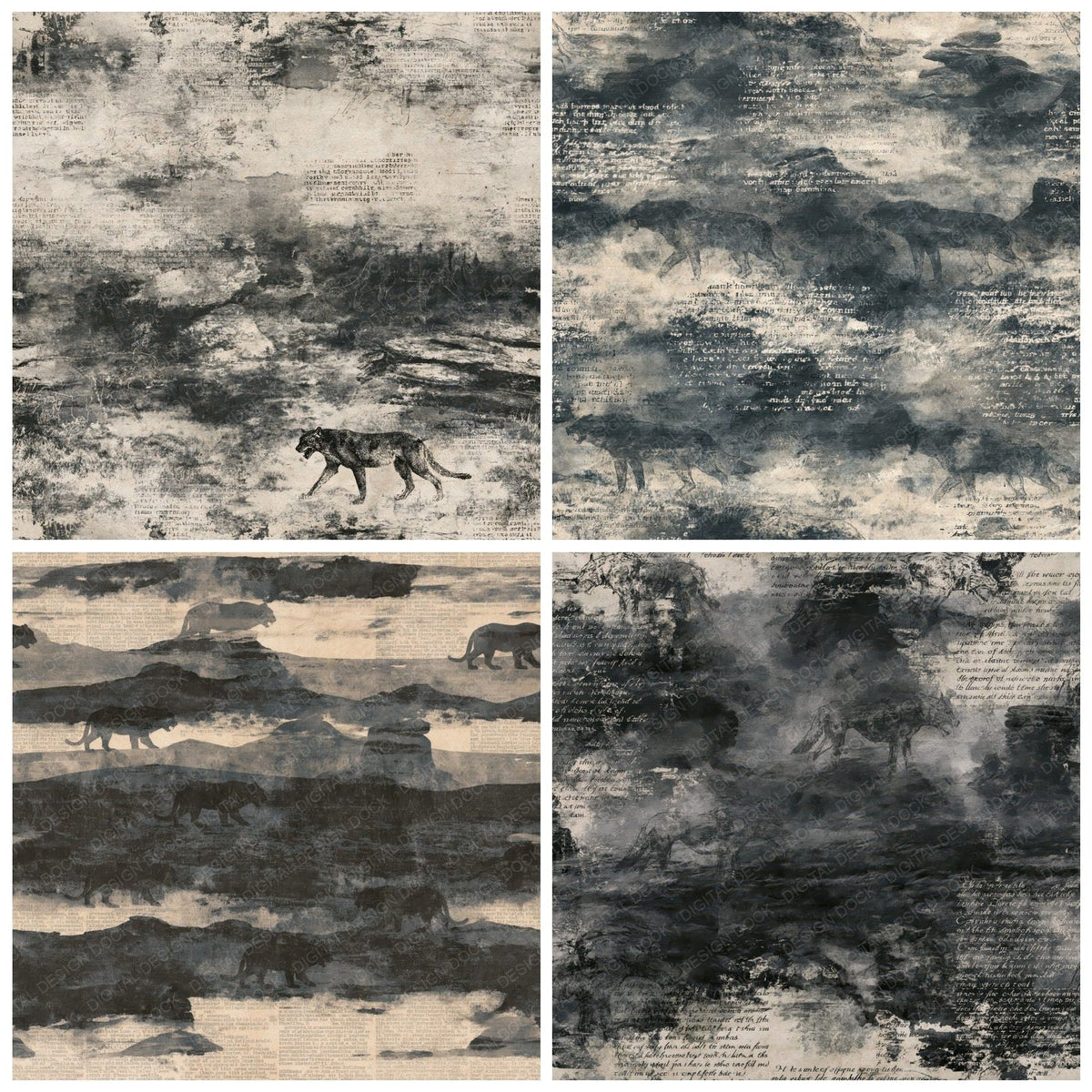 Four more Beast Of Bodmin Cryptid Bodmin Moor Panther Black Bone digital papers from the pack shown in a grid