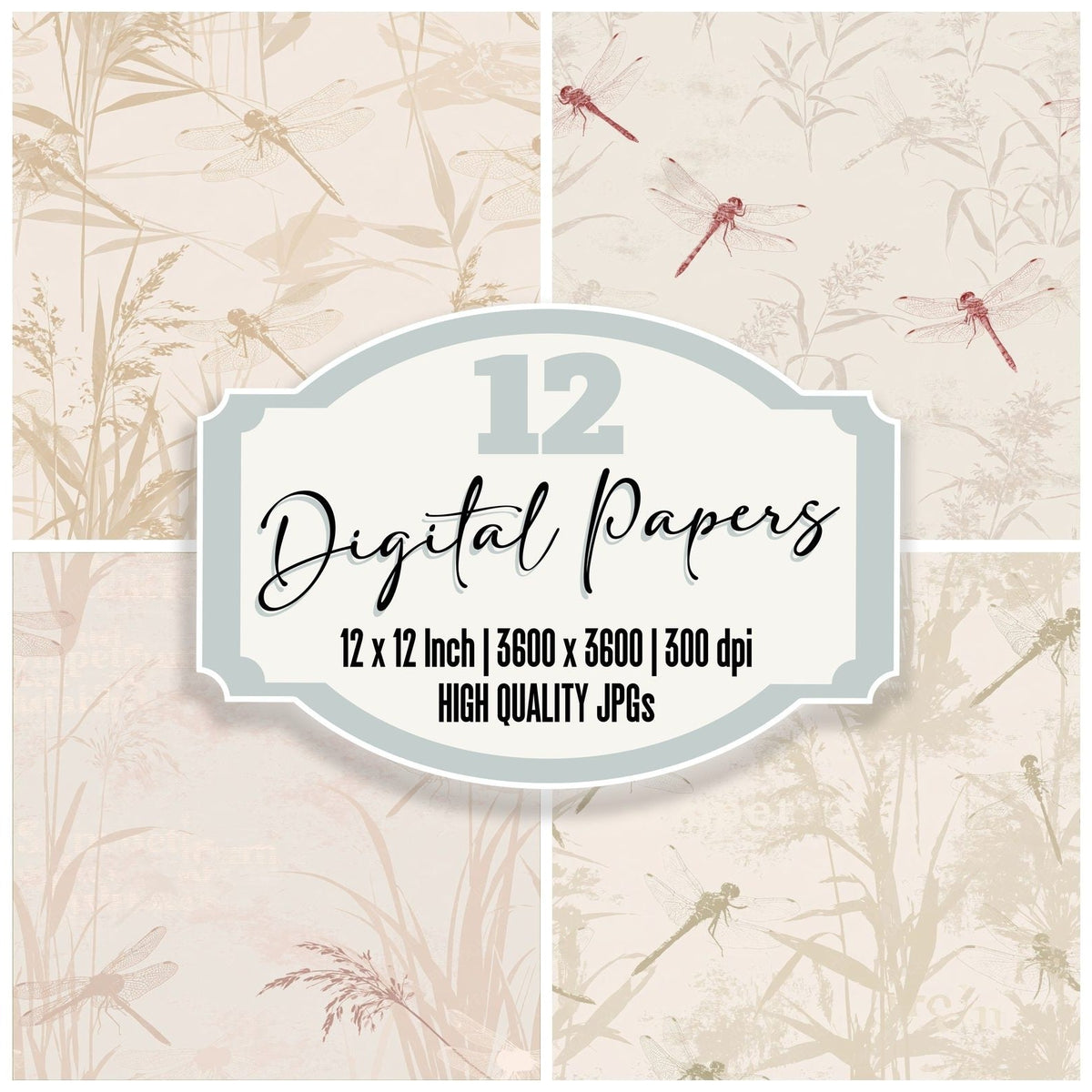 Common Darter Dragonfly Insect Pond Edge Cream Scarlet Bone digital paper pack cover showing four of the 12 papers