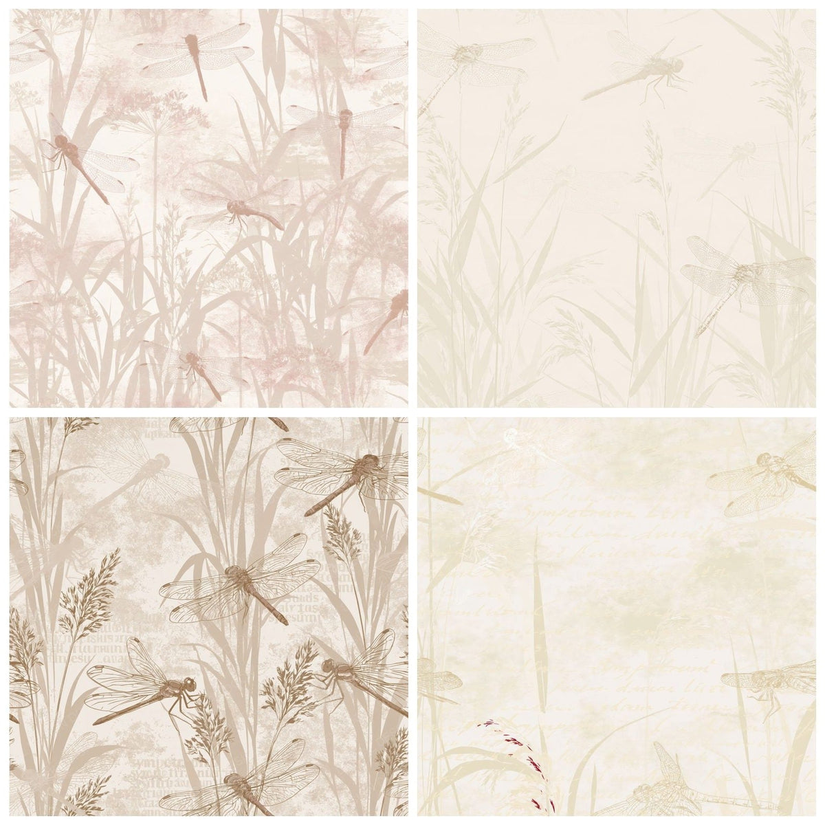 Four more Common Darter Dragonfly Insect Pond Edge Cream Scarlet Bone digital papers from the pack shown in a grid