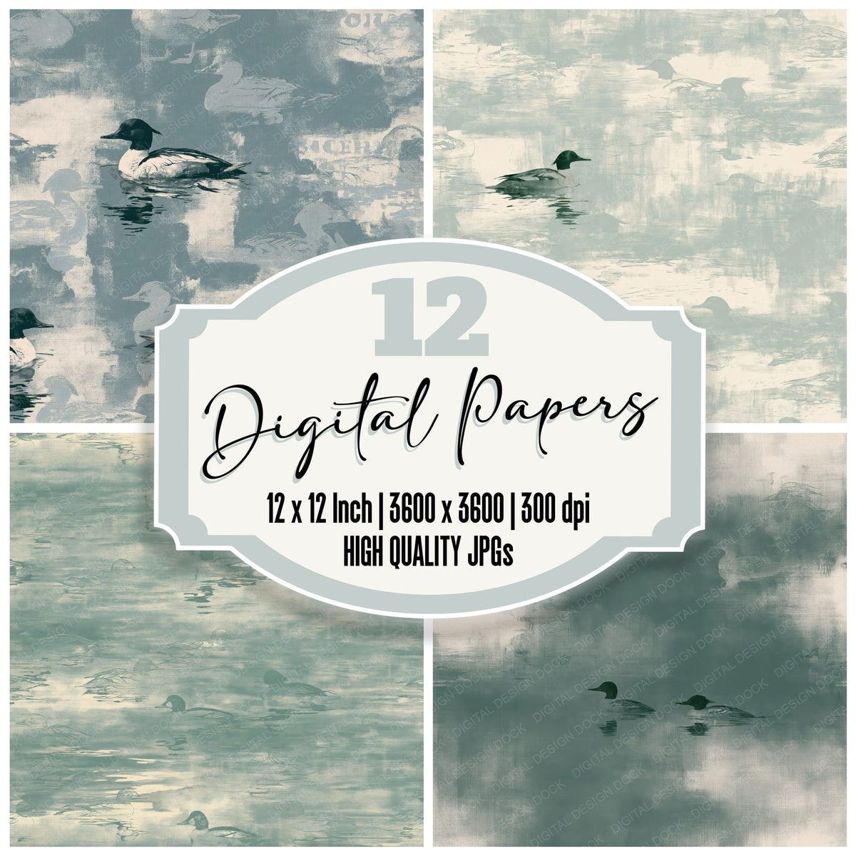 Goldeneye Duck Bird Winter Lake Glossy Green Bone digital paper pack cover showing four of the 12 papers