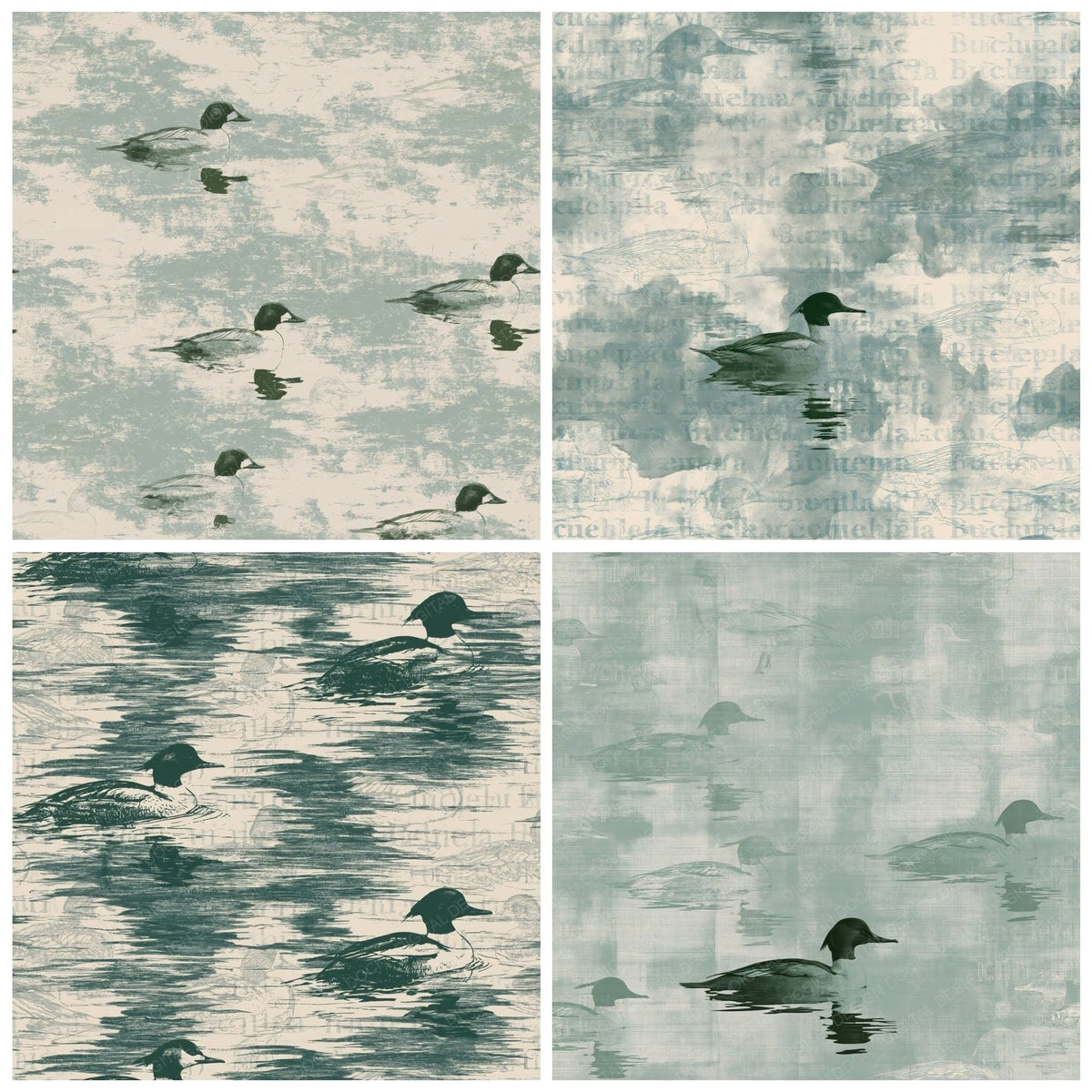 Four Goldeneye Duck Bird Winter Lake Glossy Green Bone digital papers from the pack shown in a grid