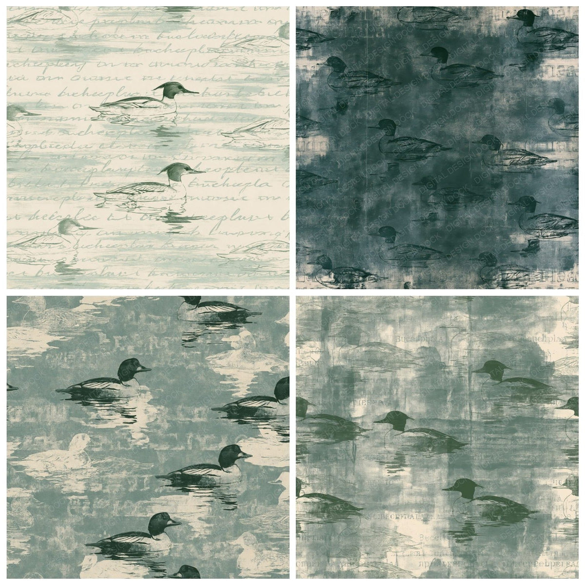 Four more Goldeneye Duck Bird Winter Lake Glossy Green Bone digital papers from the pack shown in a grid