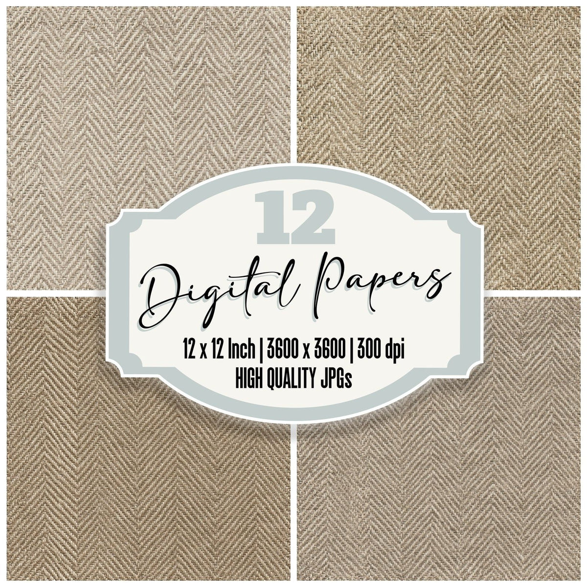 Herringbone Tweed Tweed Cream Aged Oatmeal Peat Seamless digital paper pack cover showing four of the 12 papers