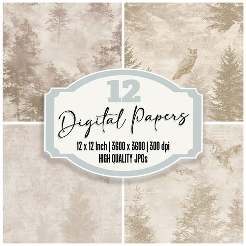 Long Eared Owl Bird Conifer Cream Russet Plumage Bone digital paper pack cover showing four of the 12 papers