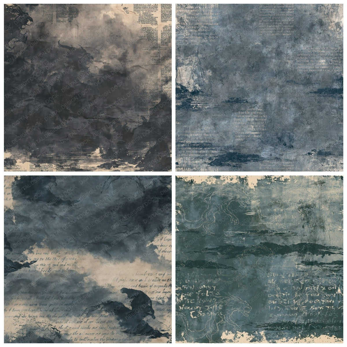 Four more Nucklavee Cryptid North Sea Slate Skinless Flesh Bone digital papers from the pack shown in a grid