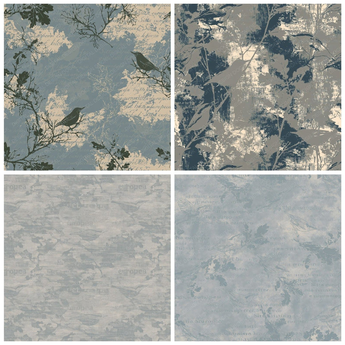 Four Nuthatch Bird Oak Bark Grey Slate Blue Bone digital papers from the pack shown in a grid