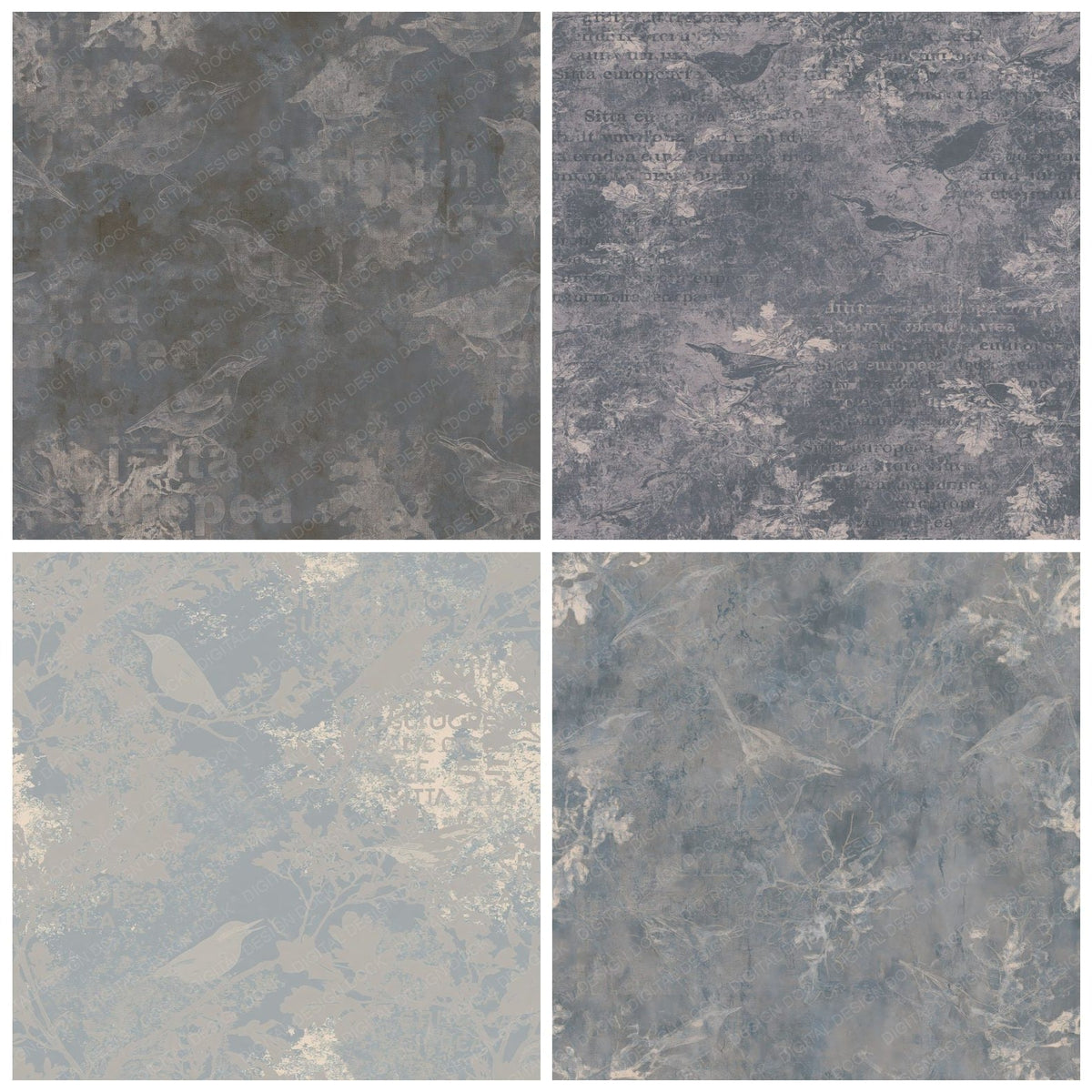 Four more Nuthatch Bird Oak Bark Grey Slate Blue Bone digital papers from the pack shown in a grid