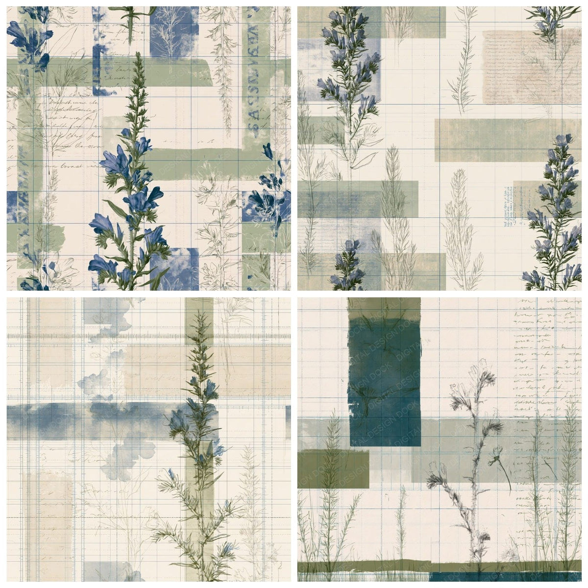 Four Pattern Studio Vipers Bugloss Cream Bugloss Blue Coastal Green digital papers from the pack shown in a grid
