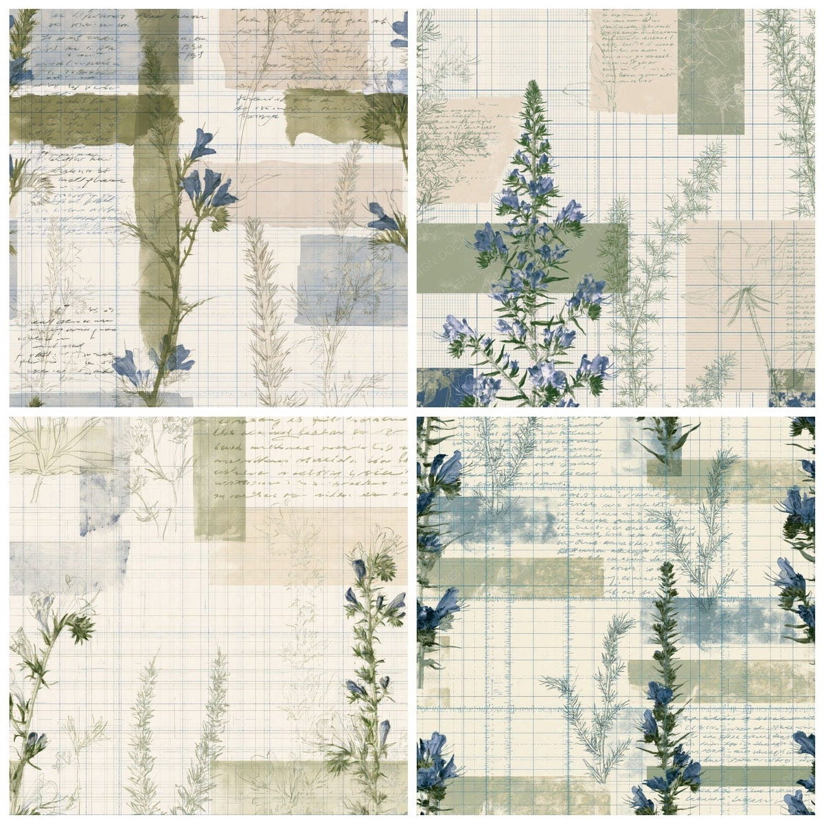 Four more Pattern Studio Vipers Bugloss Cream Bugloss Blue Coastal Green digital papers from the pack shown in a grid