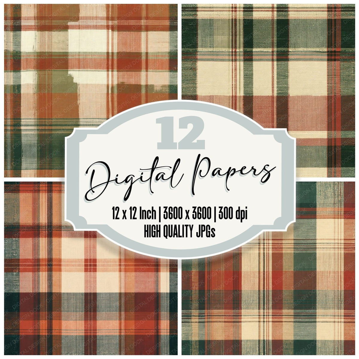 Vintage Madras Plaid Madras Cream Dusty Terracotta Forest Green Seamless digital paper pack cover showing four of the 12 papers