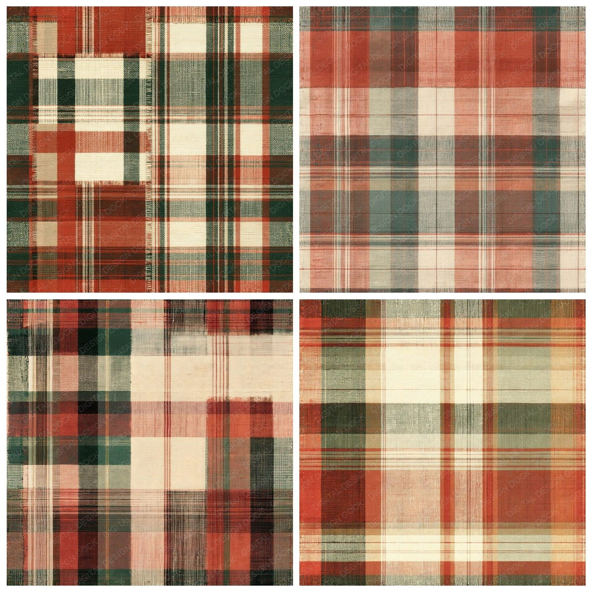 Four Vintage Madras Plaid Madras Cream Dusty Terracotta Forest Green Seamless digital papers from the pack shown in a grid