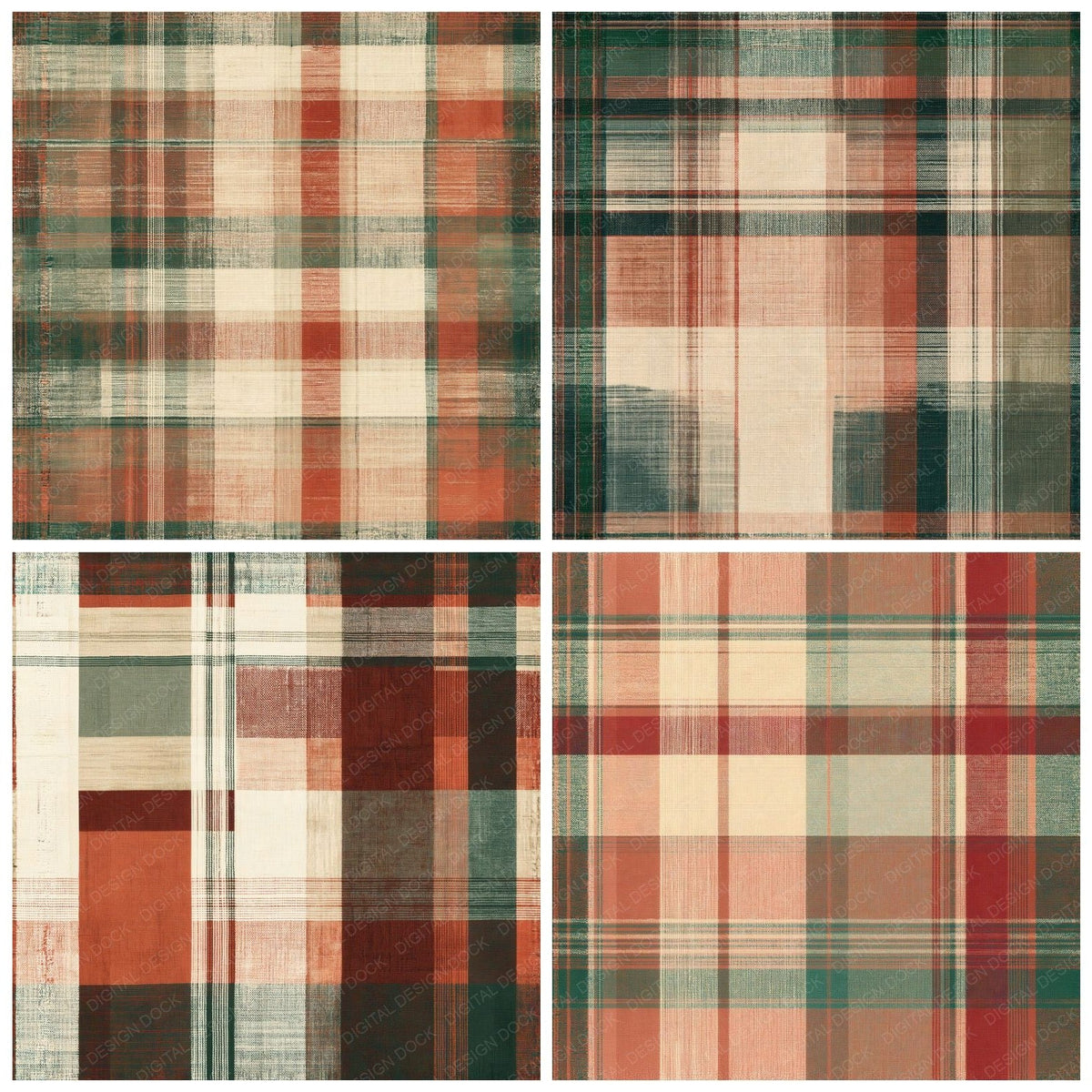 Four more Vintage Madras Plaid Madras Cream Dusty Terracotta Forest Green Seamless digital papers from the pack shown in a grid