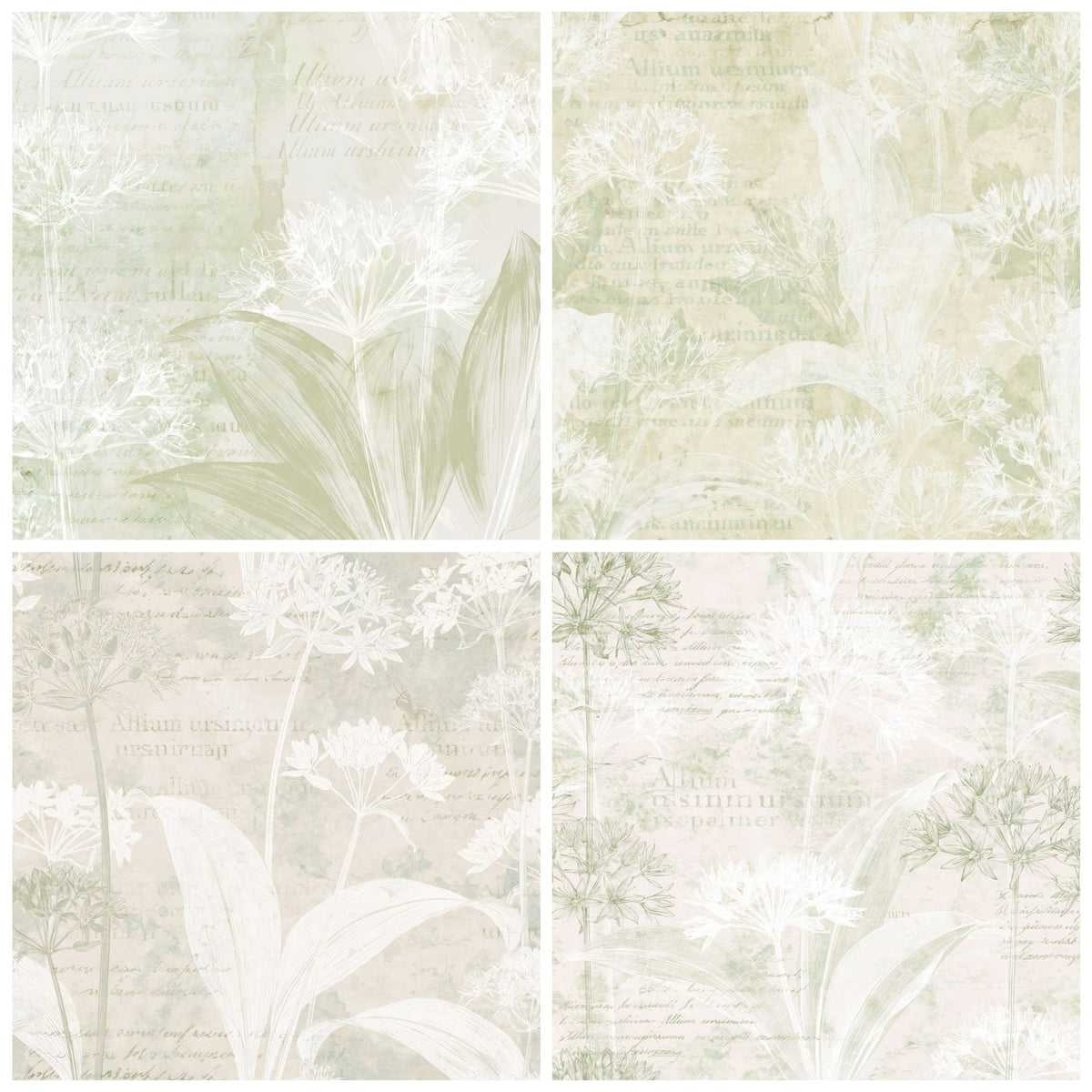 Four more Wild Garlic Ramsons Flower Ancient Wood Cream Bloom Leaf Green digital papers from the pack shown in a grid