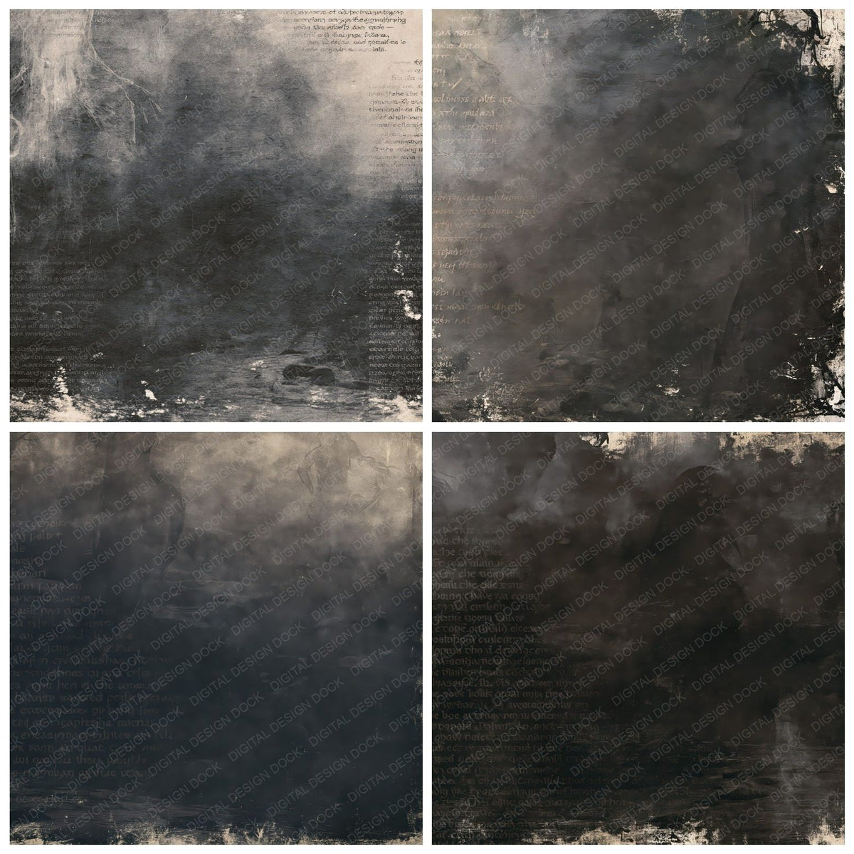 Four more Bean Nighe Cryptid Midnight Burn Shroud Grey Bone digital papers from the pack shown in a grid