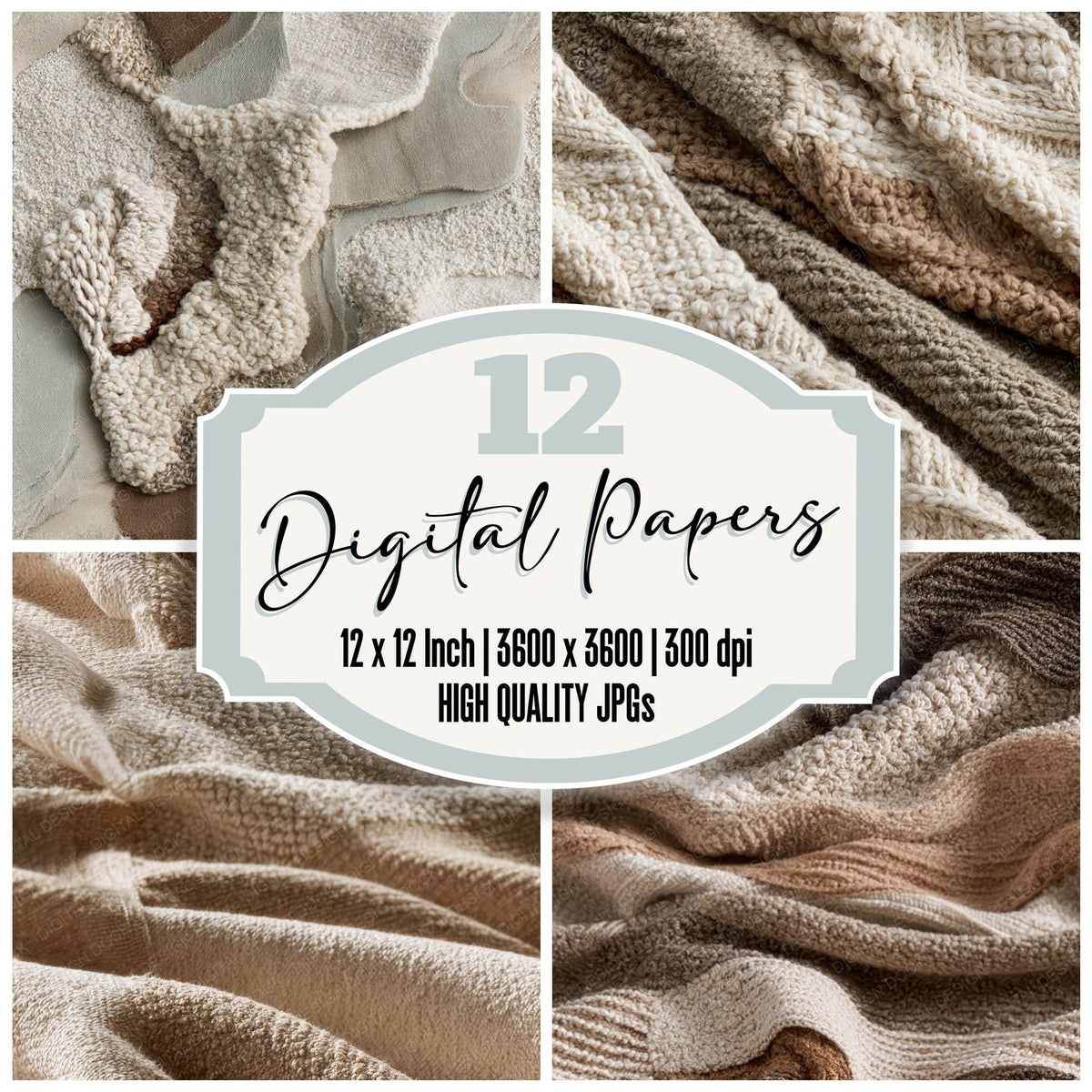 Boucle Knit Wool Boucle Cream Aged Putty Caramel Seamless digital paper pack cover showing four of the 12 papers